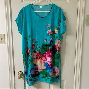 Unbranded, US XL, Turquoise Floral Multi Colour Cap Sleeve Tunic